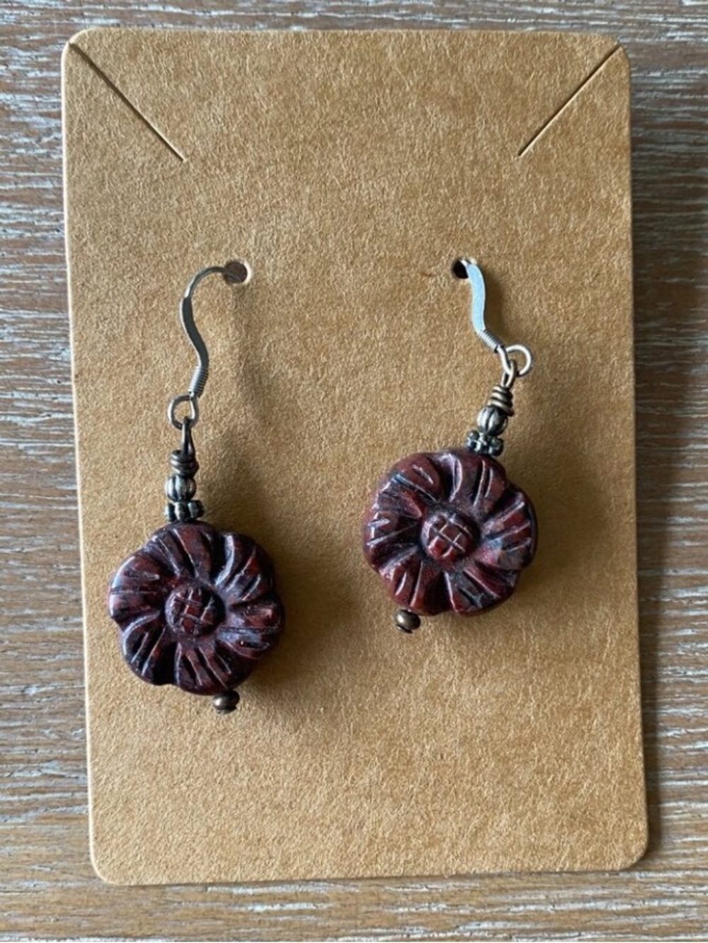 Wood Jewelry Set of 2 Floral Carved Drop Earrings + Bangle Bracelet NEW